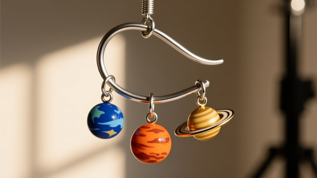 Side profile of a 16-gauge steel ear wire with a soldered loop, built to support heavy multi-planet solar system dangles safely