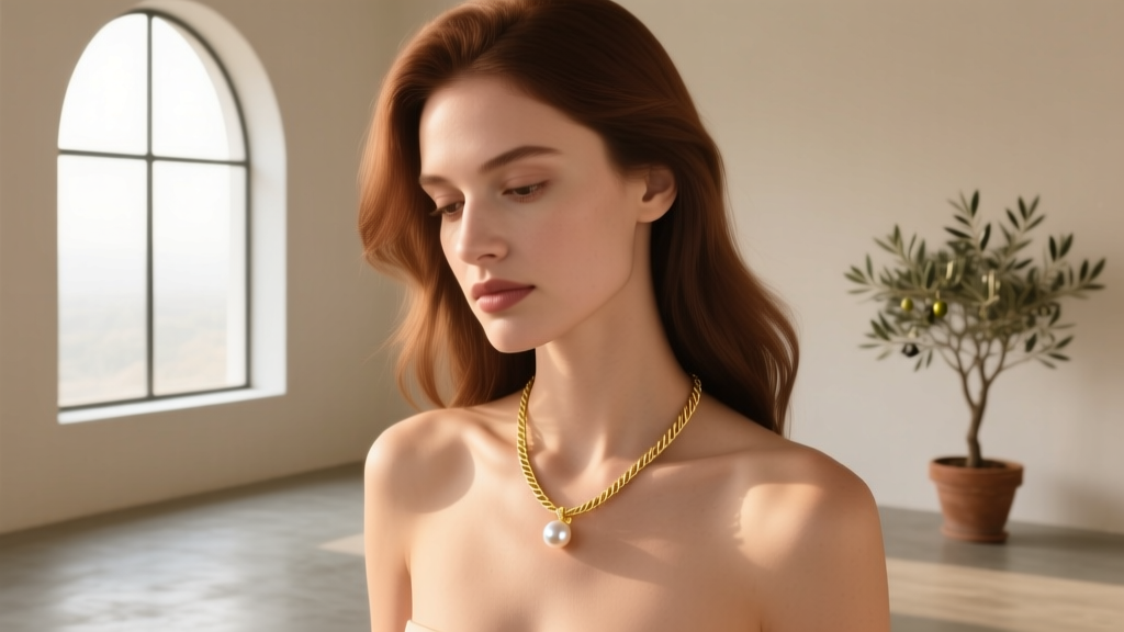 Elegant woman wearing a delicate 18k gold cable chain with a small freshwater song pearl pendant, soft natural window lighting