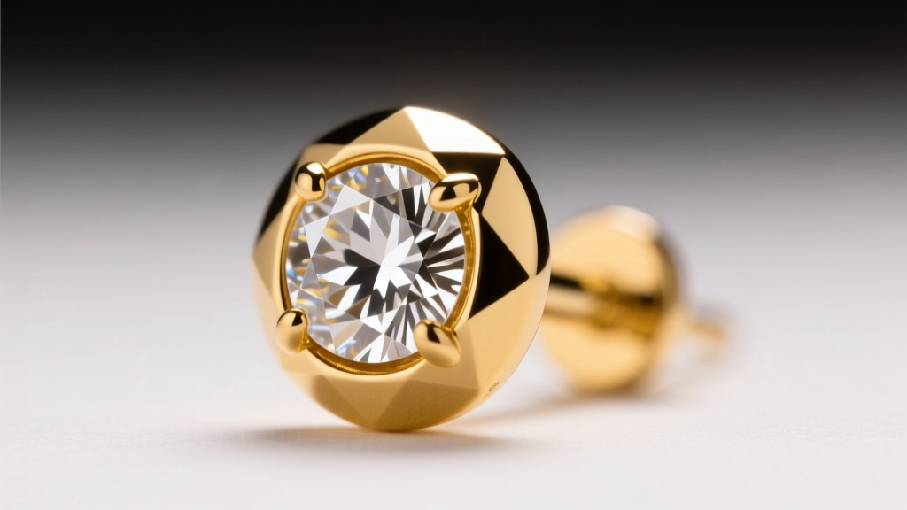 Close-up of a 14k yellow gold bezel-set rose cut diamond stud earring showing domed triangular facets under soft studio lighting.