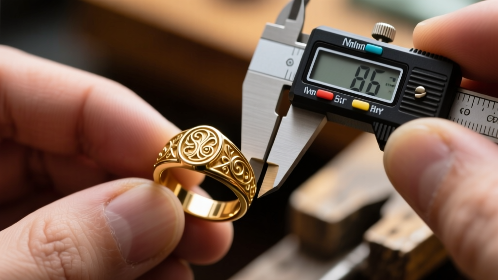 Macro shot of a jeweler using a digital micrometer to measure gold vermeil thickness on a vintage style signet ring band