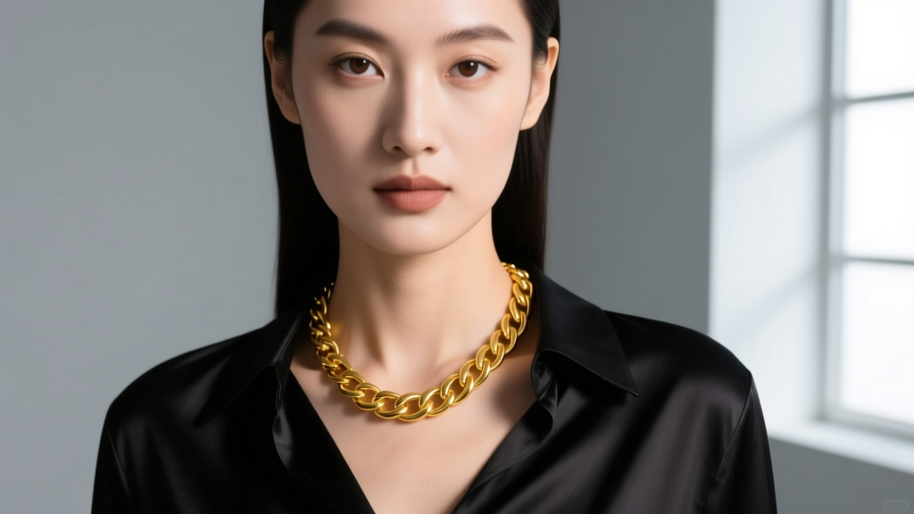Close-up editorial portrait of a model wearing a 5mm 14k yellow gold necklace curb chain over dark silk, soft studio lighting.