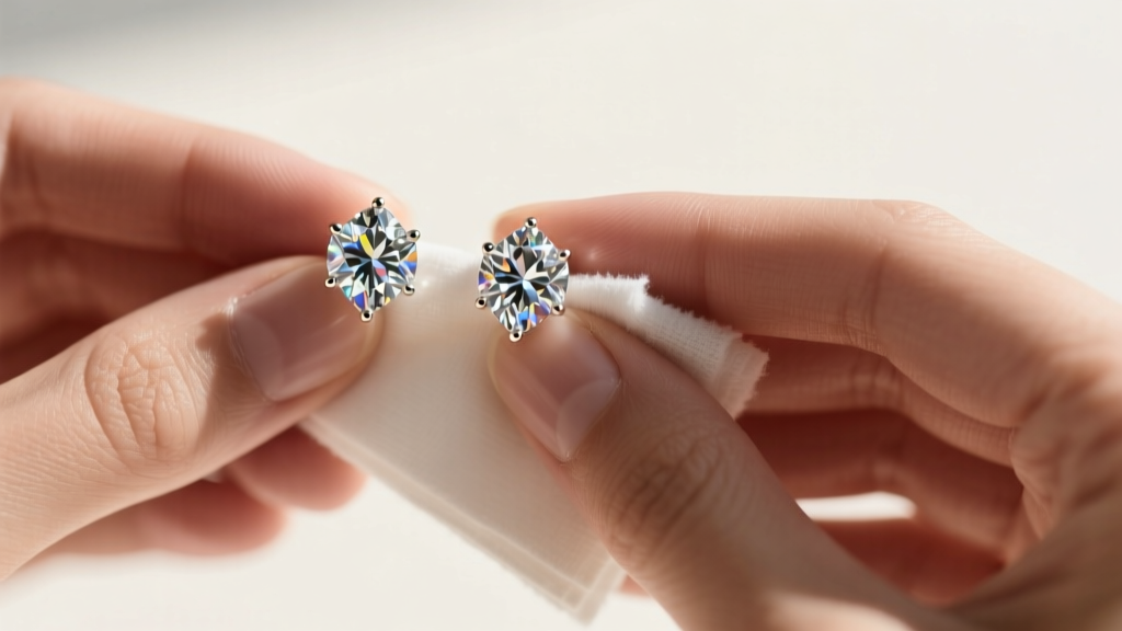 Hands gently cleaning AB crystal cluster stud earrings with a soft microfiber cloth and a mild soapy distilled water solution.