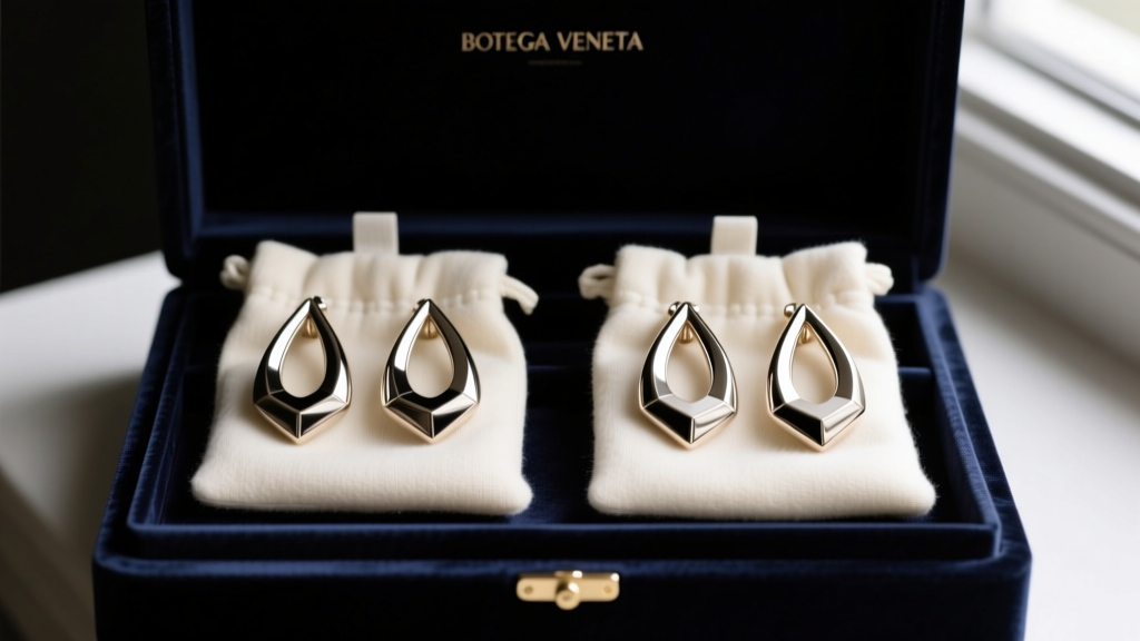 Two large teardrop Bottega earrings stored separately inside soft flannel pouches within a dark velvet-lined luxury jewelry box