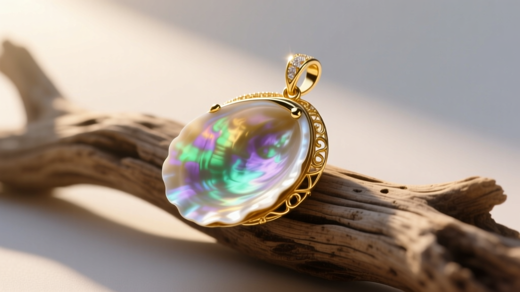 Macro shot of an iridescent oyster shell pendant in a 14k gold bezel resting on driftwood, lit by warm directional sunlight.