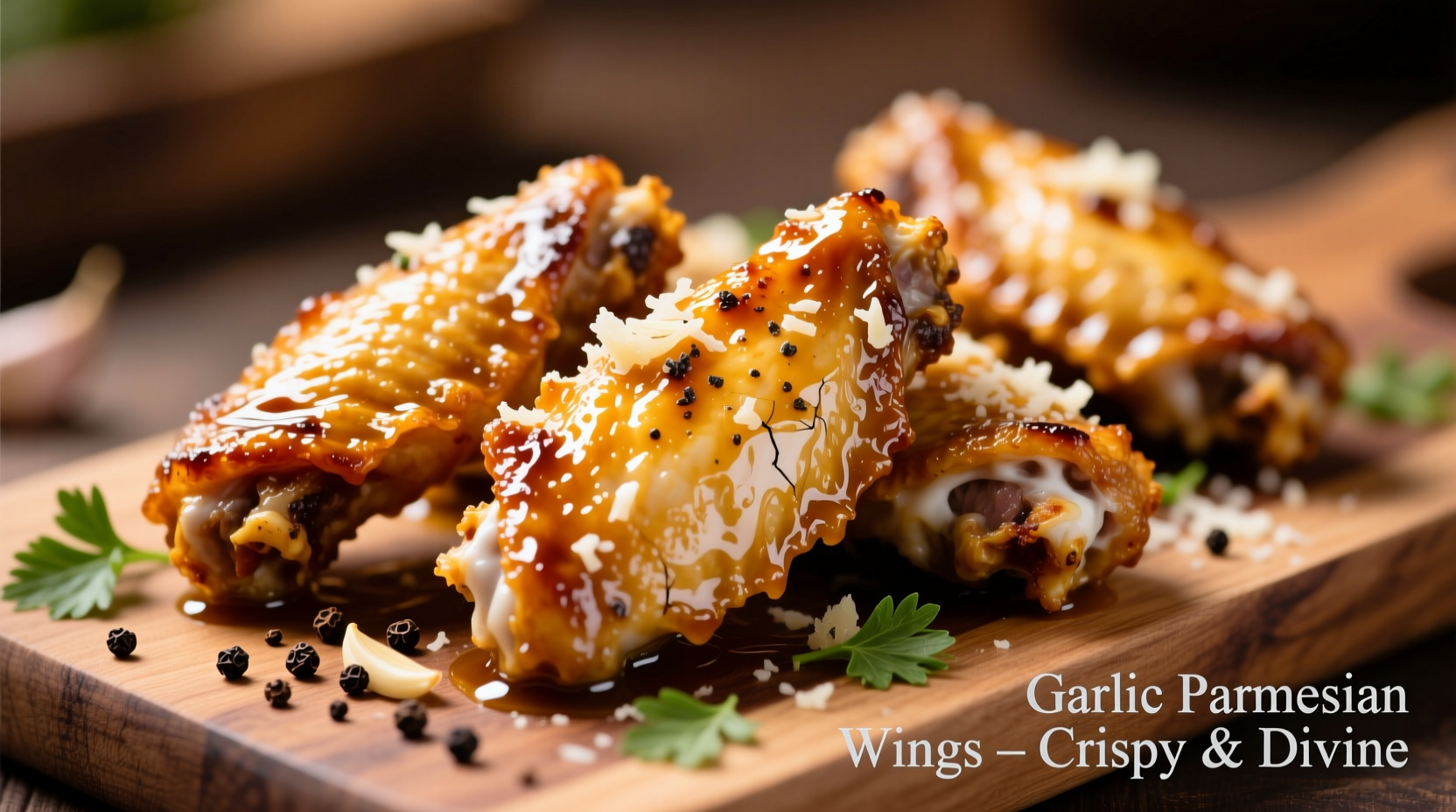 Golden chicken wings coated in garlic parmesan sauce