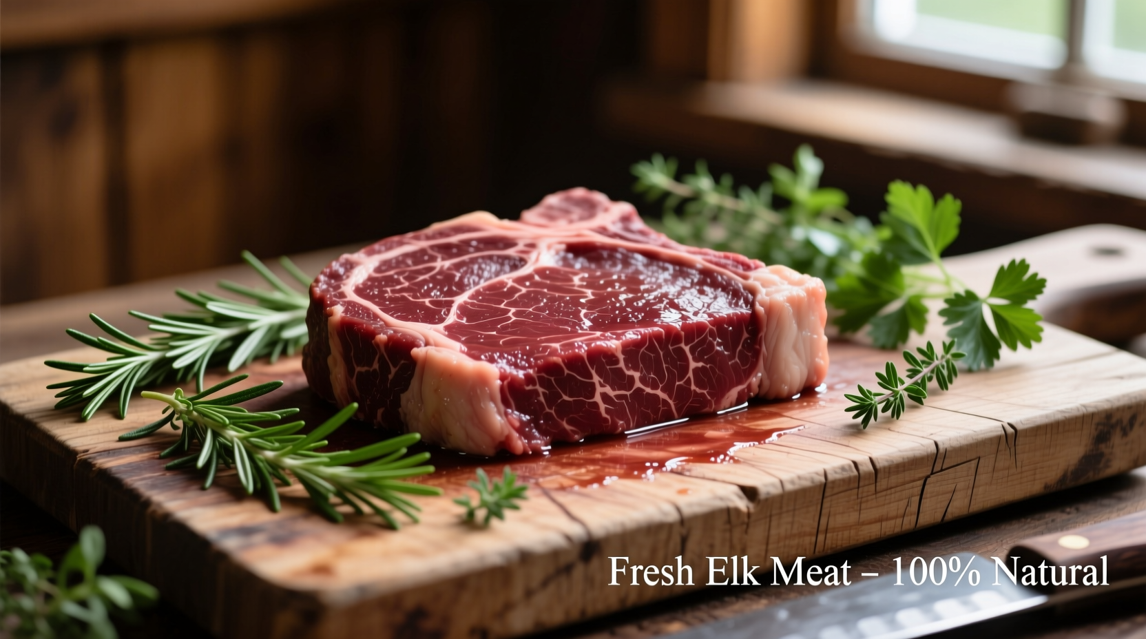 Fresh elk meat on butcher block with herbs