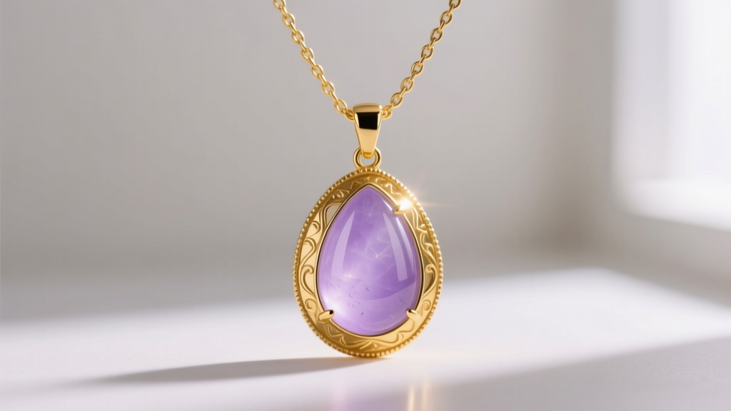 18k yellow gold bezel holding a translucent lavender jadeite teardrop pendant on a delicate 18-inch gold cable chain necklace