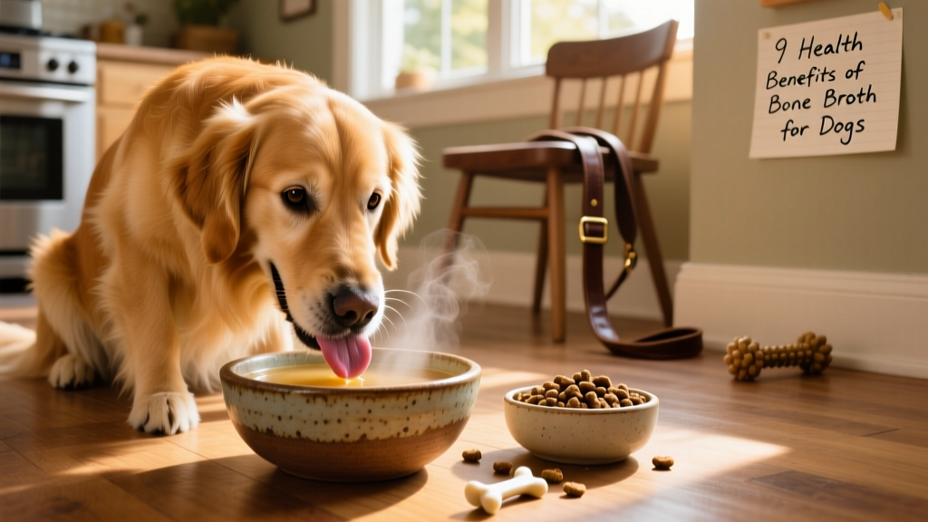 Dog happily licking bone broth from a ceramic bowl beside a bowl of kibble