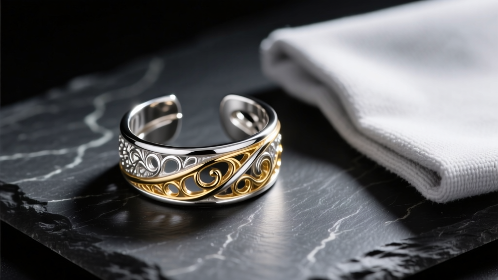 Macro shot of a mixed-metal sterling silver and gold vermeil ear cuff resting on dark slate next to a microfiber polishing cloth.
