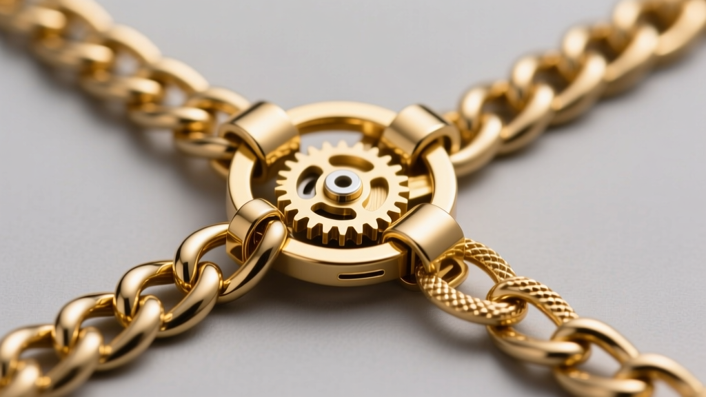Detailed view of a multi-strand gold spacer clasp securing three distinct chains, highlighting the mechanical locking mechanism
