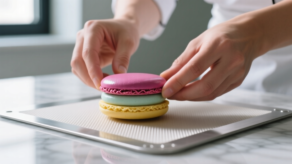 Close-up of a baker gently peeling a perfectly baked macaron off a platinum-cured silicone baking mat on a marble countertop.