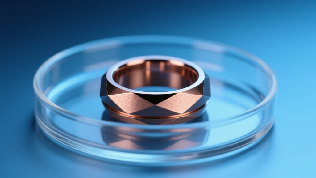 Side profile of a machined tellurium copper ring on a sterile petri dish, illuminated by cool blue laboratory lighting.