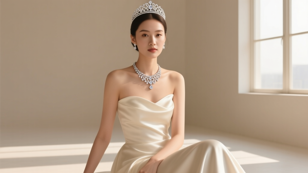 Bride wearing a diamond tiara necklace sitting high on the collarbone, paired with a strapless silk gown in soft natural daylight