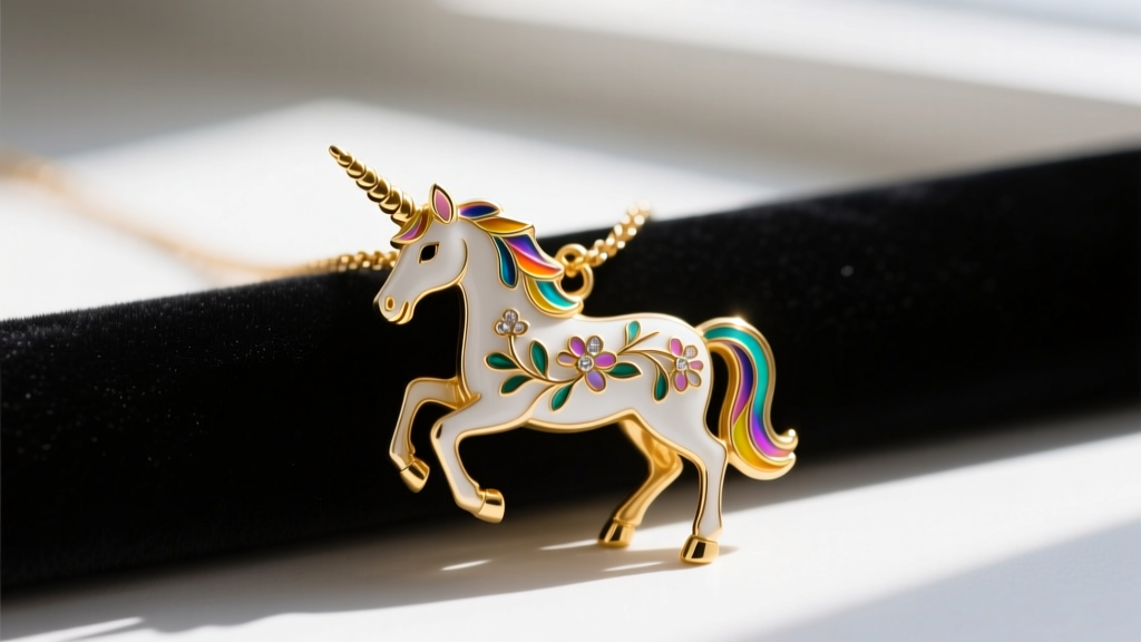 Macro shot of a vintage 1980s gold-tone Avon unicorn necklace pendant on dark velvet, highlighting intricate cold enamel details