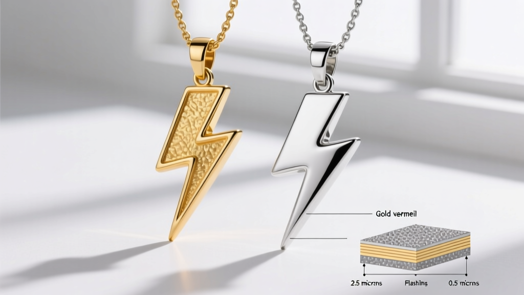 Diagram showing gold vermeil versus flash plating on a silver lightning bolt base, highlighting micron thickness differences in pendants