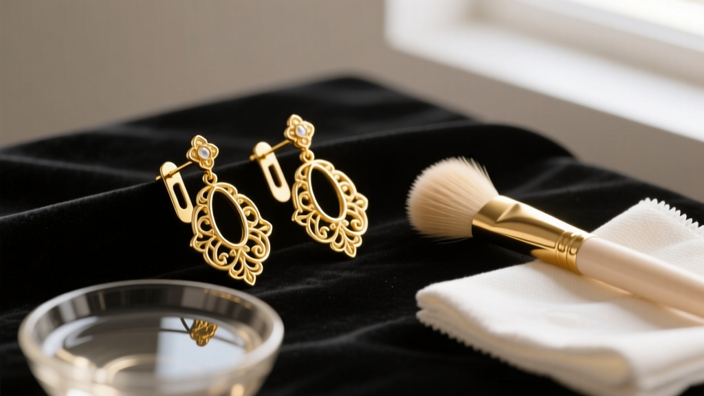 Vintage gold clip-on earrings on dark velvet next to a soft brush, microfiber cloth, and a bowl of mild soapy water