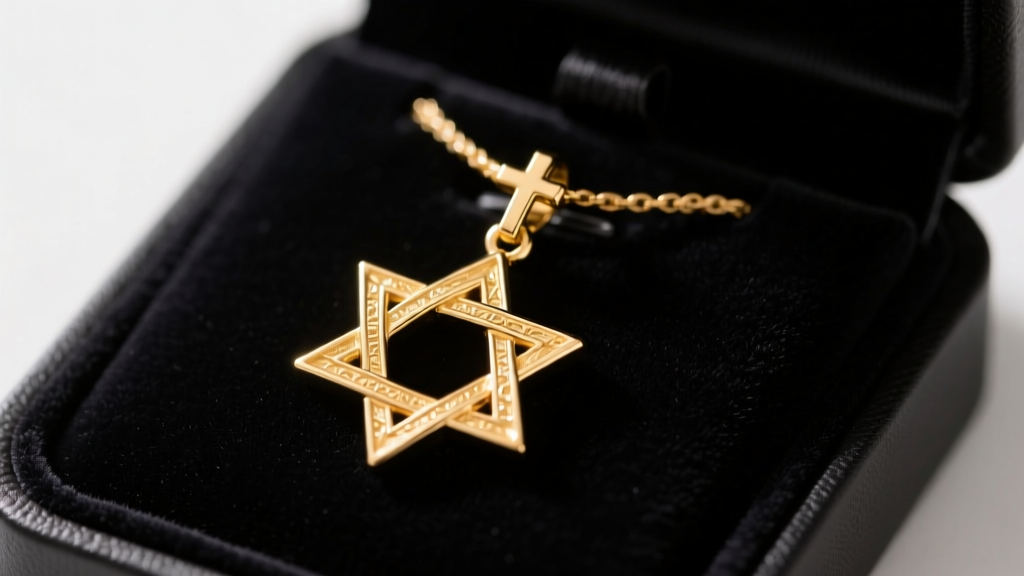 Close-up of a 14k yellow gold Star of David and cross pendant resting on a dark velvet display pad under soft studio lighting