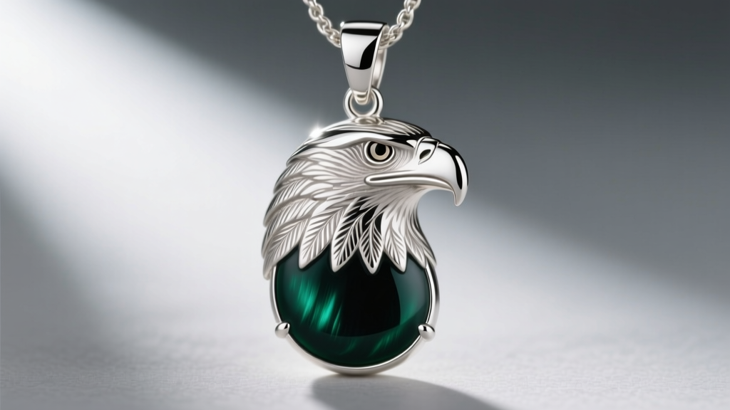 Close-up of sterling silver Eagles pendant with midnight green vitreous enamel, showing light reflection on polished metal edges
