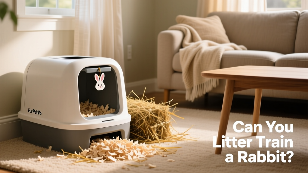 Close-up of a clean FurPetVo litter box filled with aspen shavings and fresh timothy hay, placed in a cozy corner of a bunny-proofed living space