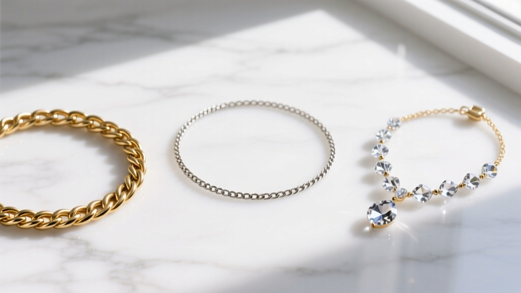 Flat lay of three distinct necklace chains on white marble: a 2mm herringbone, a 14k solid gold cable chain, and a crystal lariat.