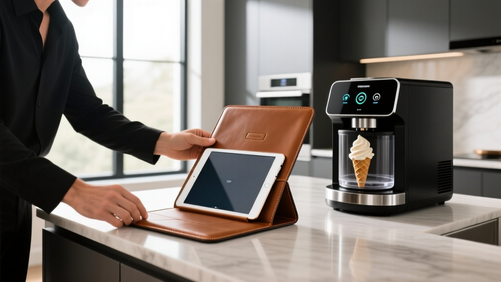 Tech enthusiast unboxing a premium leather iPad folio case next to a high-end smart ice cream maker on a modern kitchen island