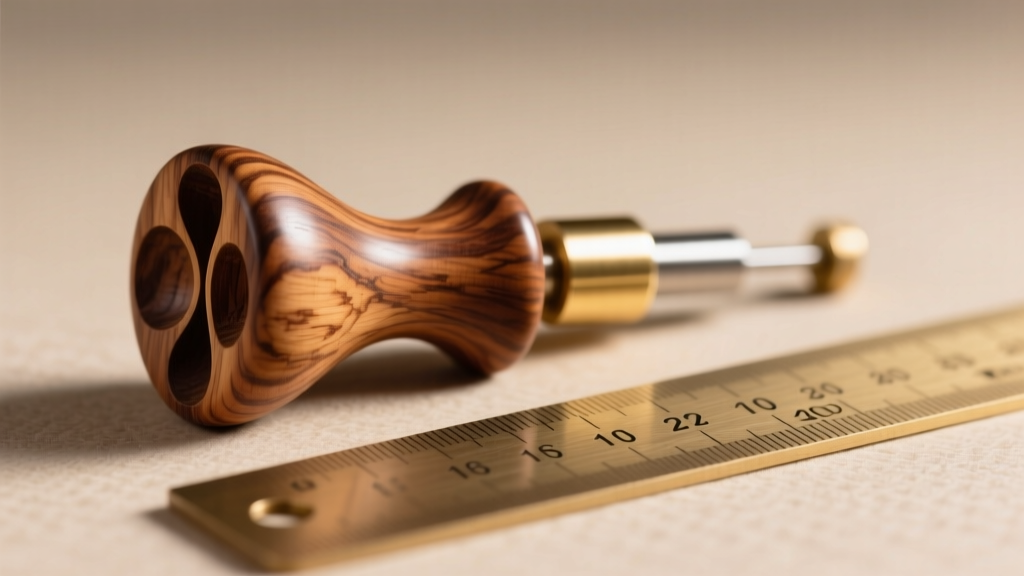 Macro shot of a carved wooden ear plug with a double-flare design, showing natural grain next to a brass millimeter sizing ruler.
