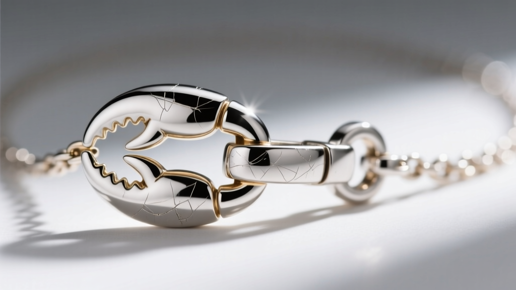 Close-up of a rhodium-plated 14k white gold necklace clasp showing micro wear on the polished lobster claw trigger mechanism