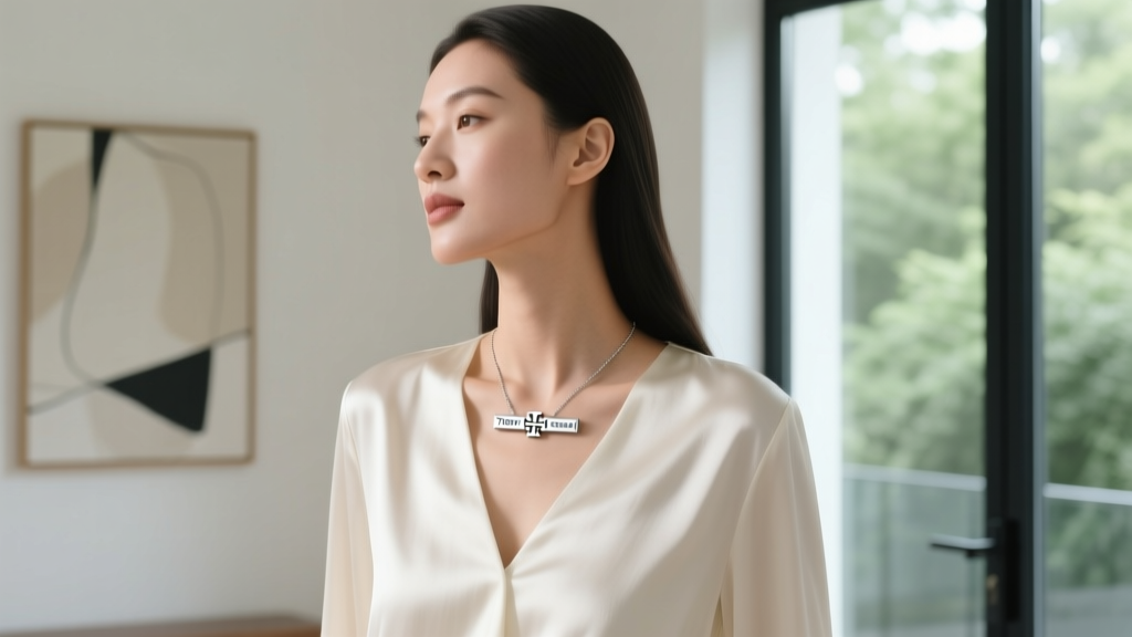 Woman in silk blouse wearing a minimalist Tory Burch silver bar pendant, photographed from a side-profile angle in bright daylight