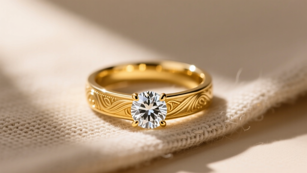Macro shot of a recycled 18k yellow gold ring with a lab-grown diamond resting on raw linen cloth under warm, natural sunlight.