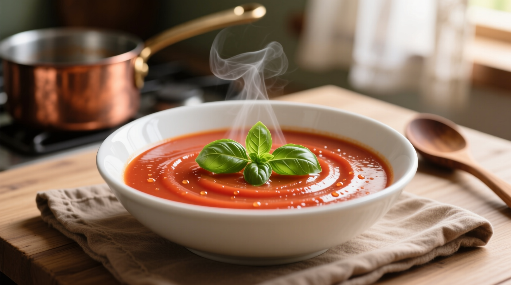 Creamy tomato soup in white bowl with basil garnish