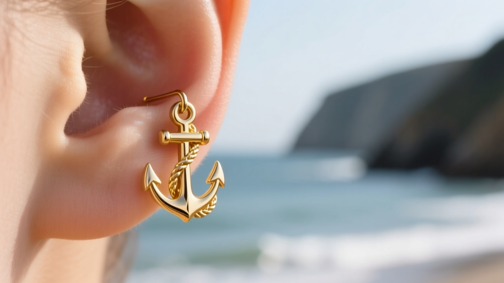 Close-up of a 14k gold vermeil anchor drop earring on an earlobe, blurred coastal background, highlighting rope details.
