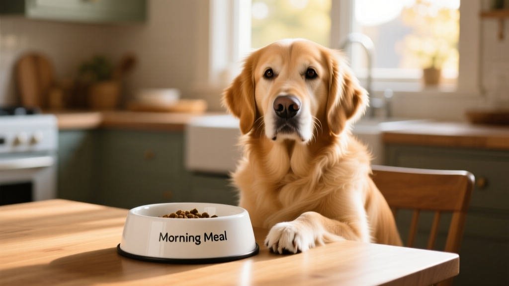 A calm, happy dog sitting beside a clean, labeled food bowl during morning light