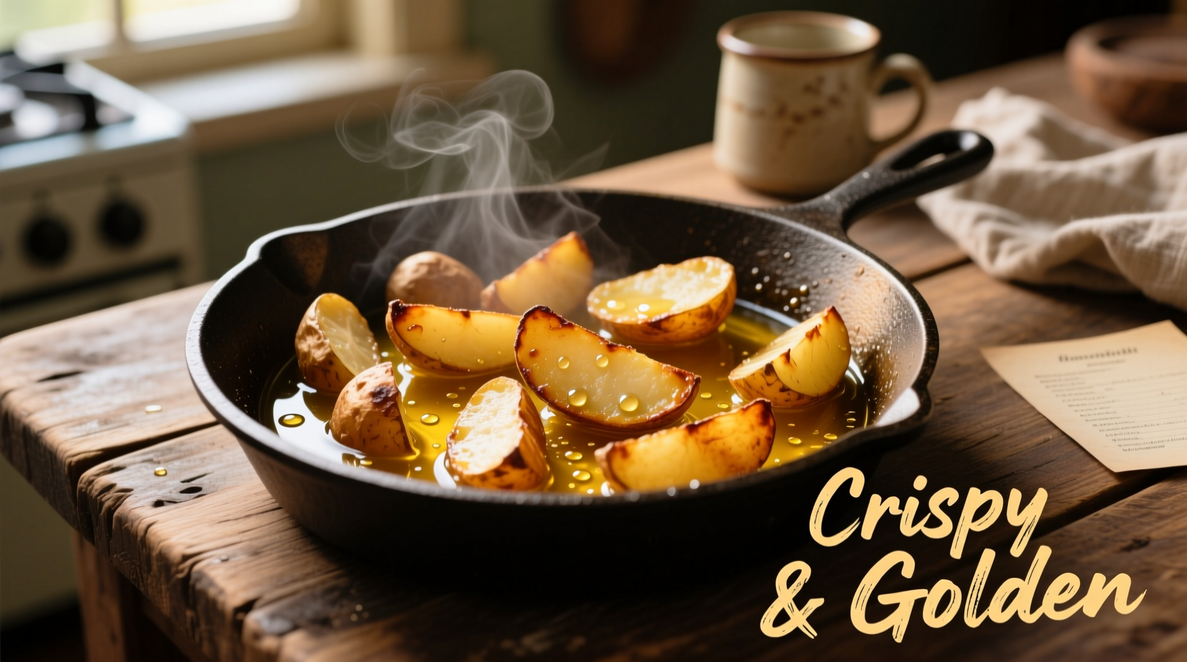 Perfect golden brown fried potatoes in cast iron skillet