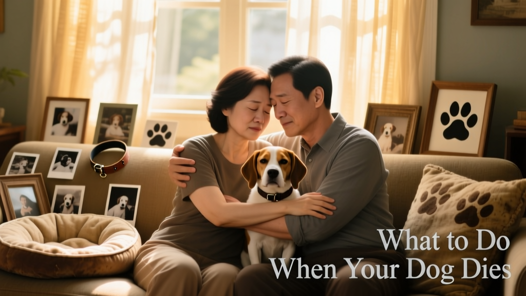 Two pet parents embracing quietly, surrounded by photos and mementos of their beloved dog