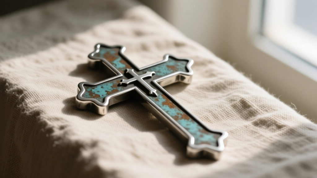 Macro shot of an oxidized sterling silver Jerusalem cross on textured linen, illuminated by soft, diffused natural window light.