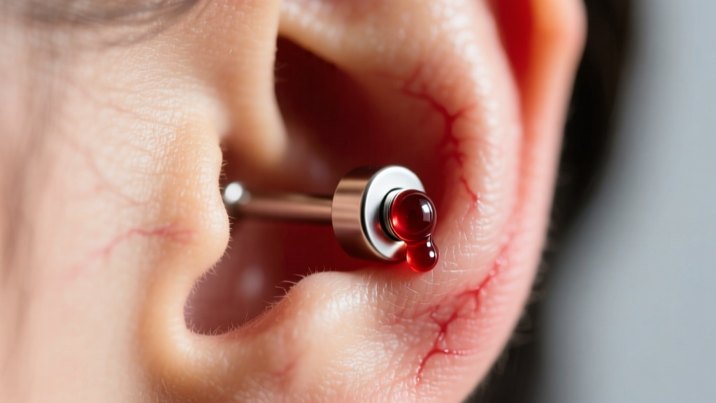 Macro photo of an irritated earlobe piercing with a small drop of blood near an implant-grade titanium flat back labret stud.