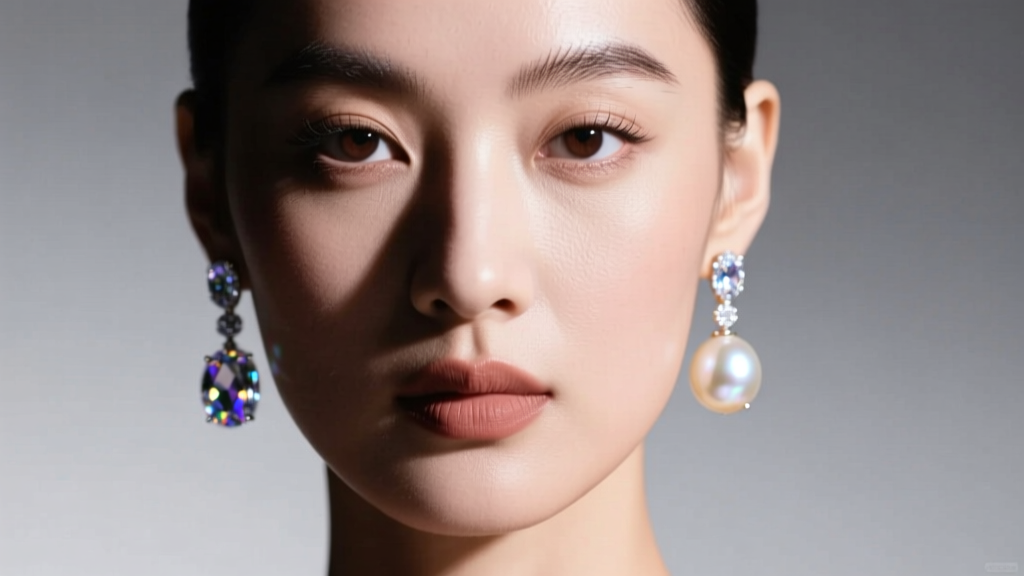 Close-up of model wearing drop pearl and rhinestone earrings, studio light highlighting crystal facets and organic pearl luster