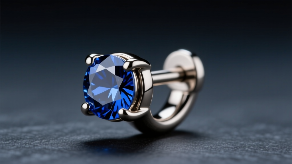 Macro shot of a 16-gauge threadless titanium helix earring with a prong-set sapphire on dark slate under dramatic side lighting.