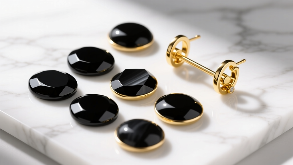 Flat lay of black enamel and polished onyx cabochons beside a 14k yellow gold leverback earring clasp, shot from above on white marble