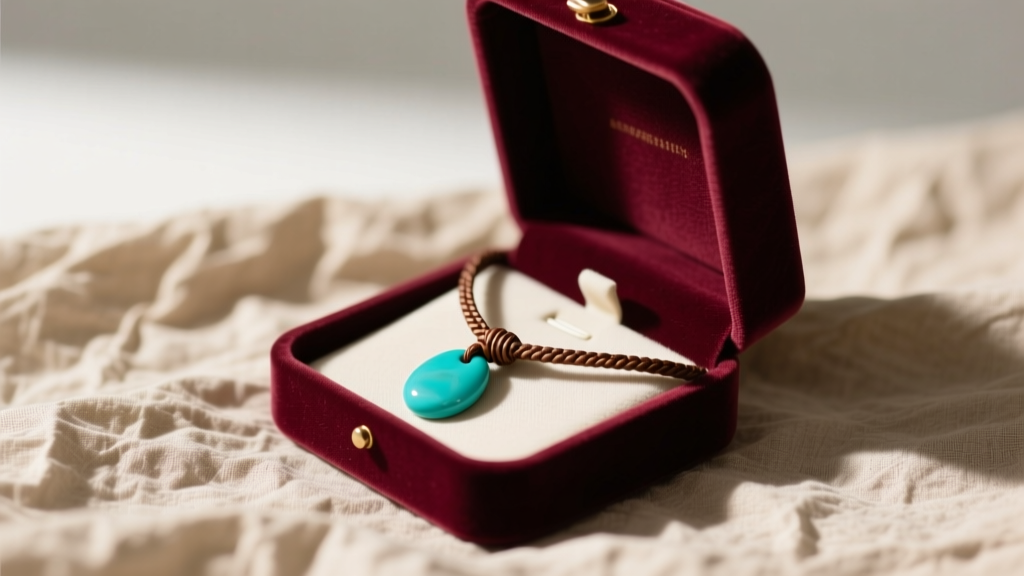 Open velvet jewelry box revealing a handmade adjustable waxed cord necklace with a turquoise pendant resting on wrinkled beige linen