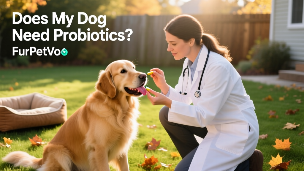 Veterinarian kneeling beside a calm golden retriever, gently placing a FurPetVo probiotic capsule into the dog's mouth with a treat