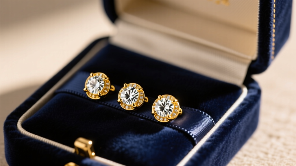 Open velvet box showing 18k yellow gold bezel-set diamond studs on a silk ribbon, warm lighting, crisp macro detail, elegant mood