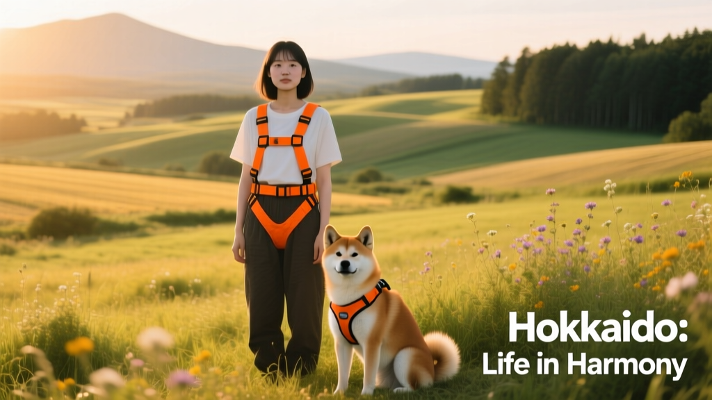 hokkaido standing wearing orange harness