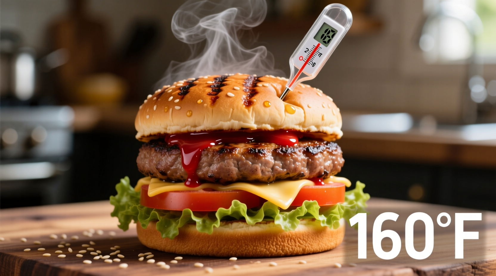 Perfectly cooked burger with internal temperature reading