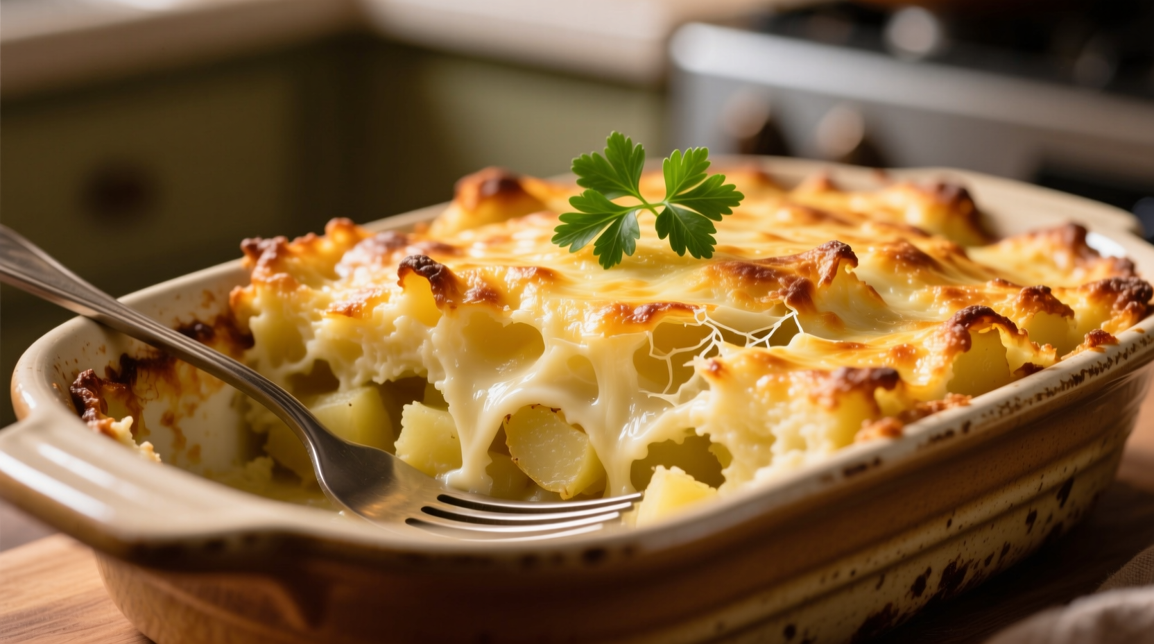 Golden baked mashed potato casserole with crispy topping