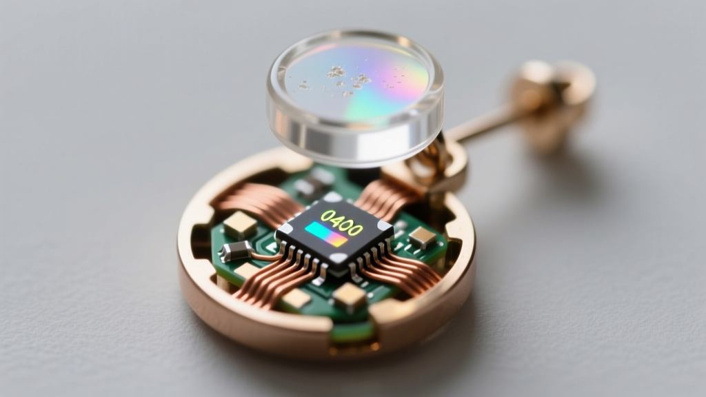 Macro shot of a disassembled smart earring showing a 0402 micro-LED chip, copper wiring, and a translucent resin diffuser.