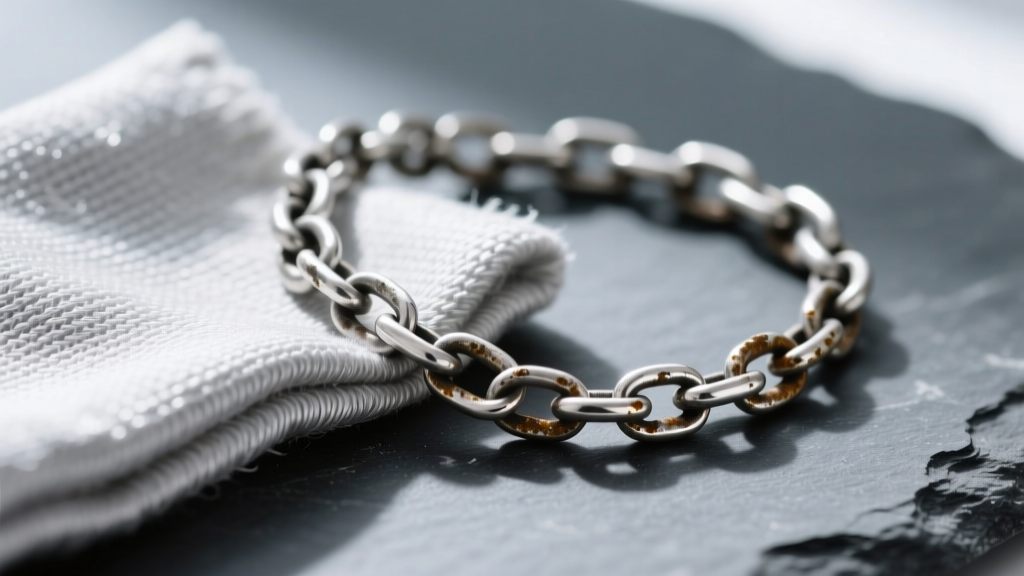 Macro shot of a textured jewelry silver polishing cloth resting beside a tarnished 925 sterling silver chain bracelet on slate