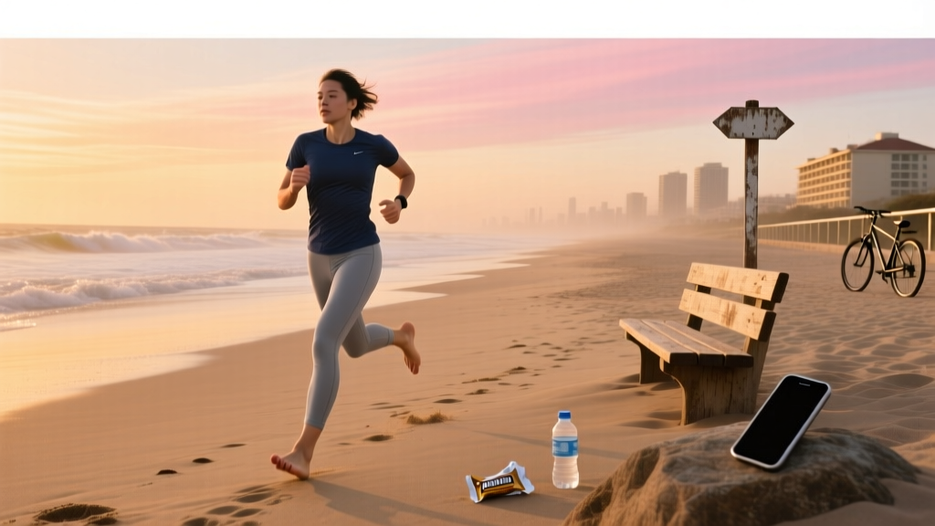 A lone runner sprinting on a beach at sunset