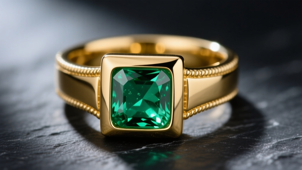 Close-up of a 14k yellow gold box ring jewelry piece with a square bezel-set emerald on dark slate under soft directional lighting