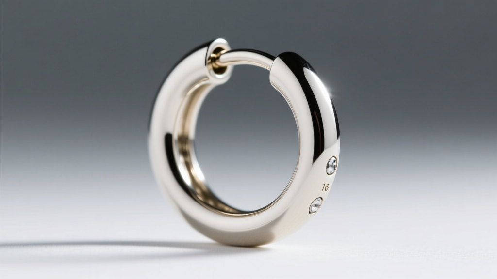 Macro side view of 16-gauge mens white gold clicker hoop, focusing on the seamless snap closure against a blurred gray background.